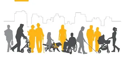 A illustration of different types of disabillities such as blindness, wheelchair users and people of need of service animals.