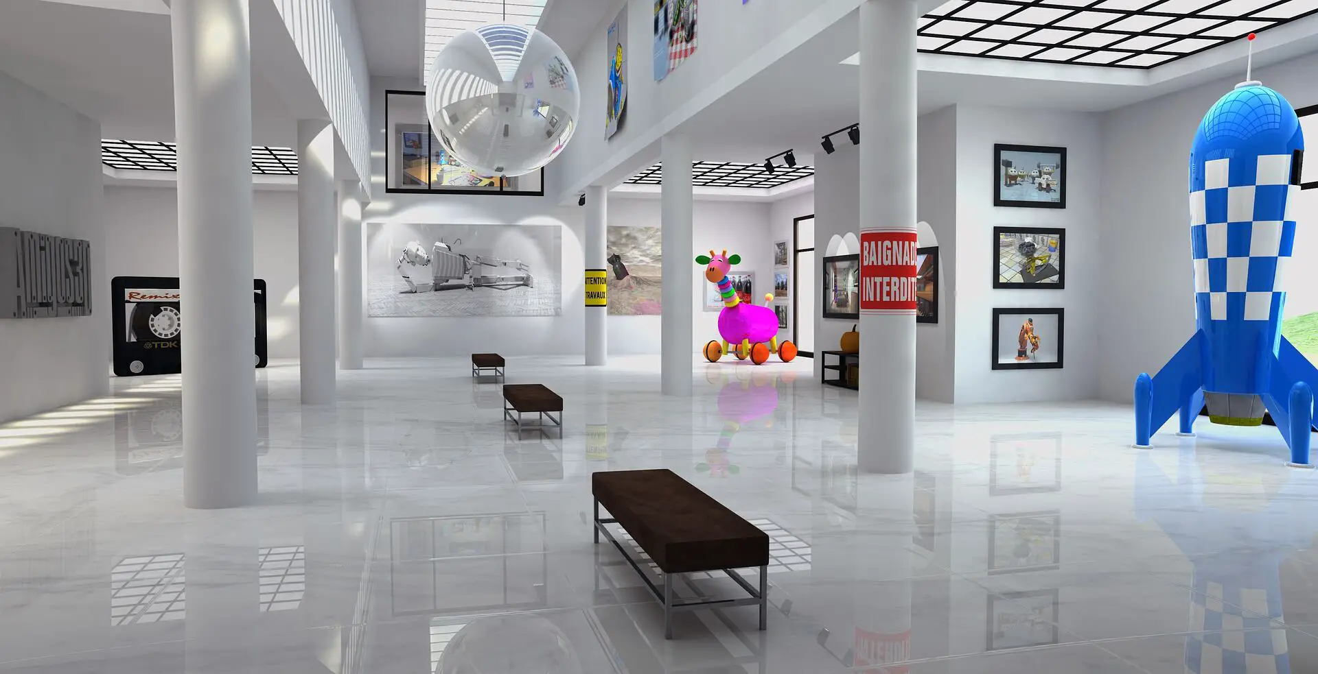 A bright white exhibition full of seats, both colorful and pale paintings, and a human-size kids toy in a corner.